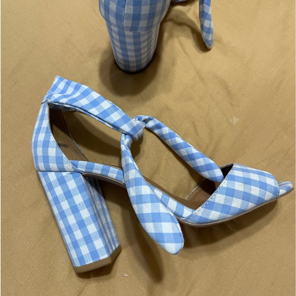 Lulu's Blue and White Gingham Tie-Ankle Heels - Picture 3 of 5